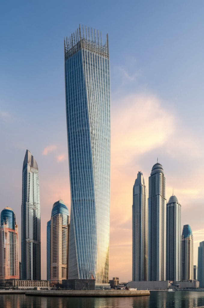 Luxury glass tower with curtain wall in Dubai