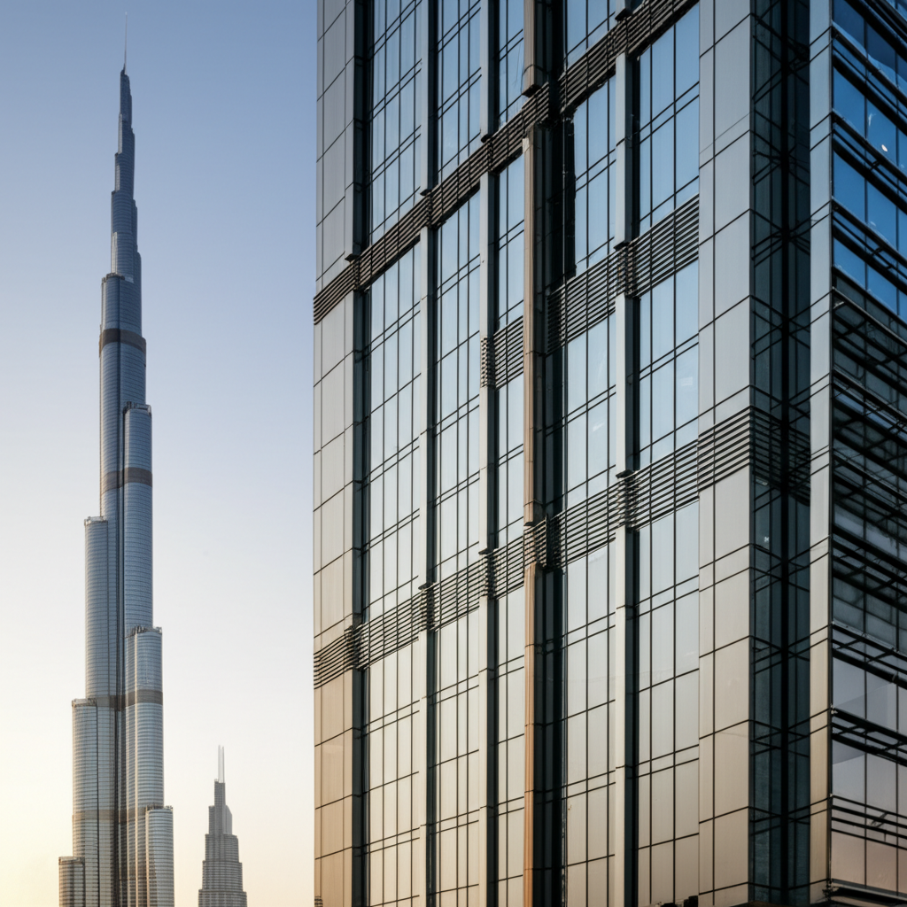 Modern curtain wall facade in Dubai skyline