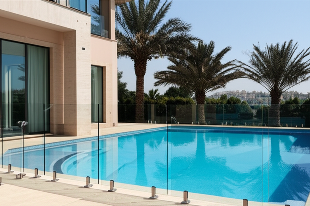 Frameless glass pool fence installation in Dubai luxury villa