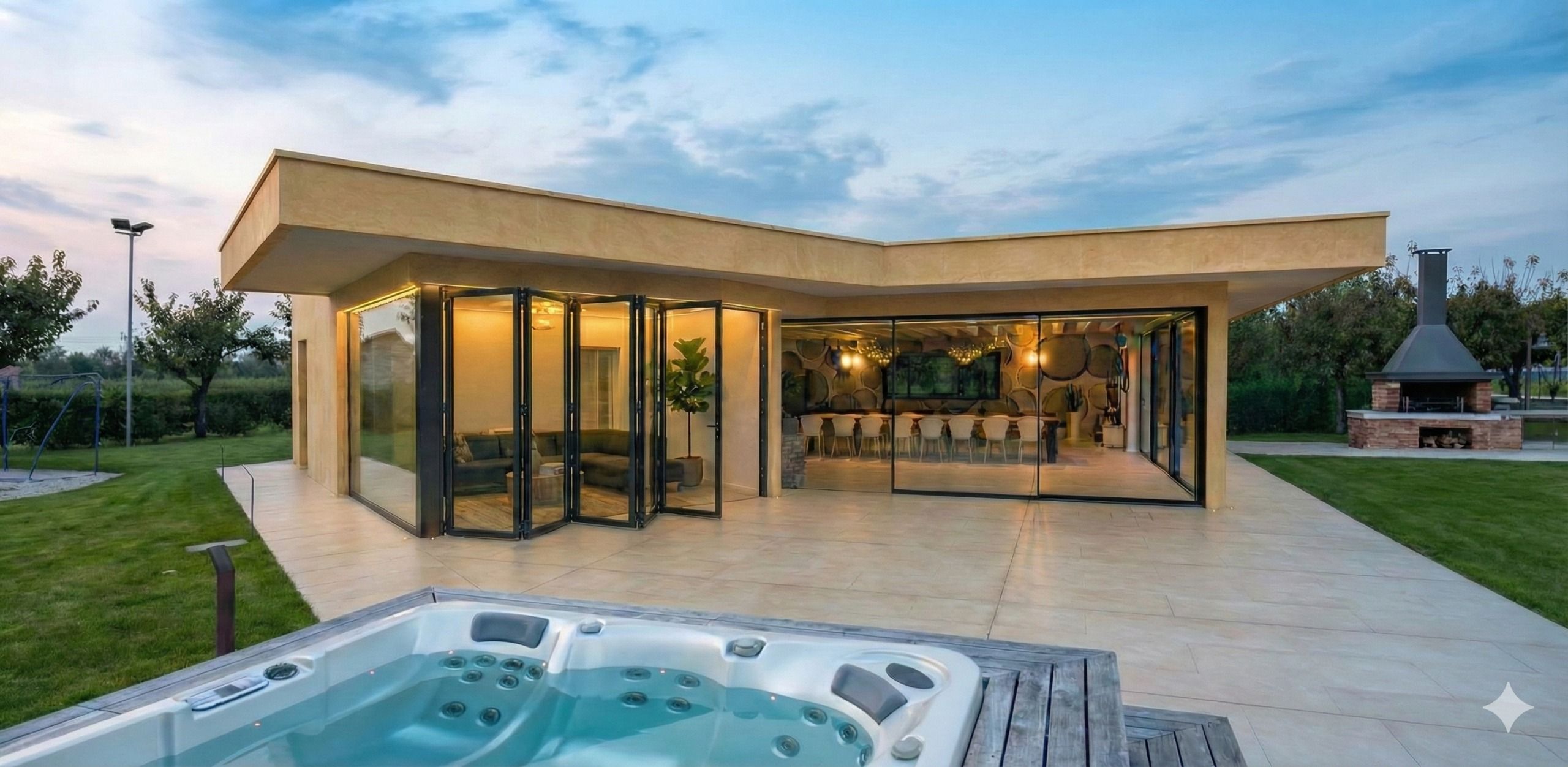 Makfold bi-fold doors opening to beautiful garden patio
